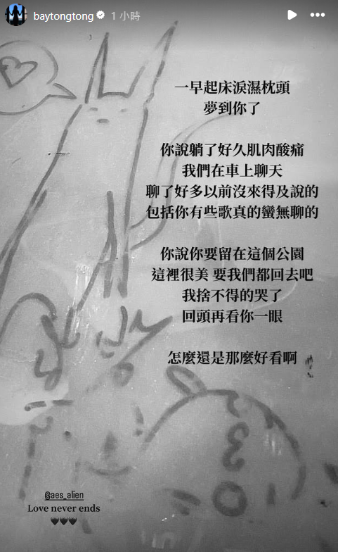 貝童彤透露自己夢到好友小鬼，醒來後枕頭都哭濕了。（翻攝自IG）