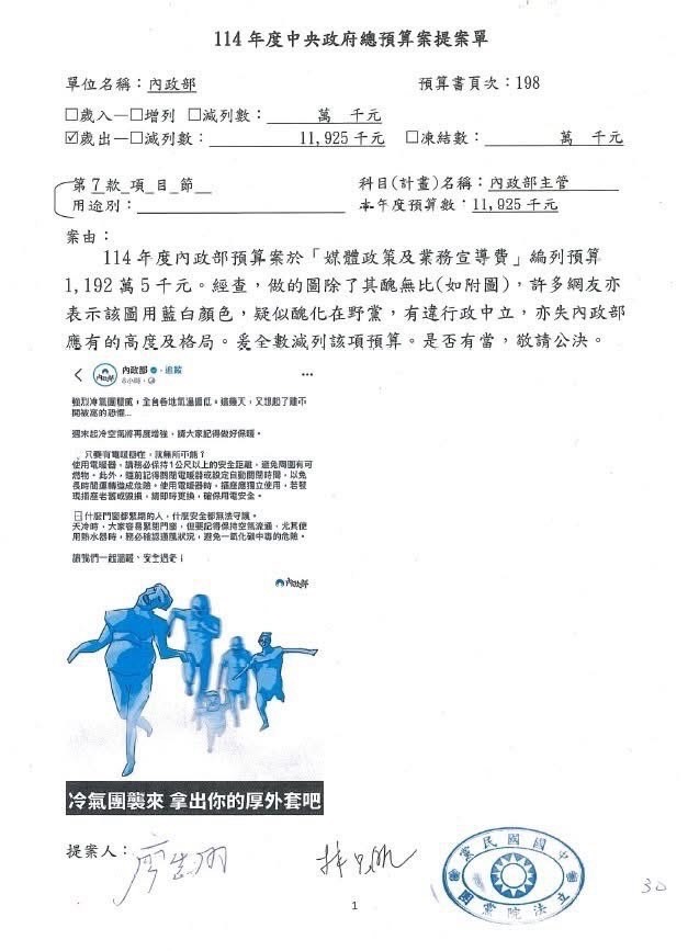 國民黨立委廖先翔認為內政部的臉書哏圖是在醜化在野黨，提案要刪除內政部相關預算。（翻攝自網路）