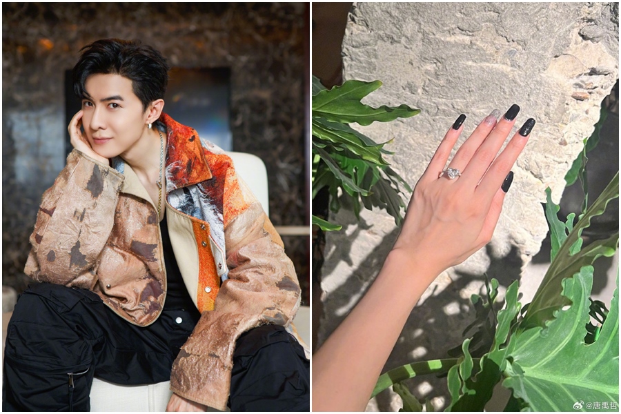 唐禹哲在《披荊斬棘3》向蘇小軒求婚成功，他今天曬出女友手上戴著愛心形鑽戒的照片。（翻攝自唐禹哲微博）