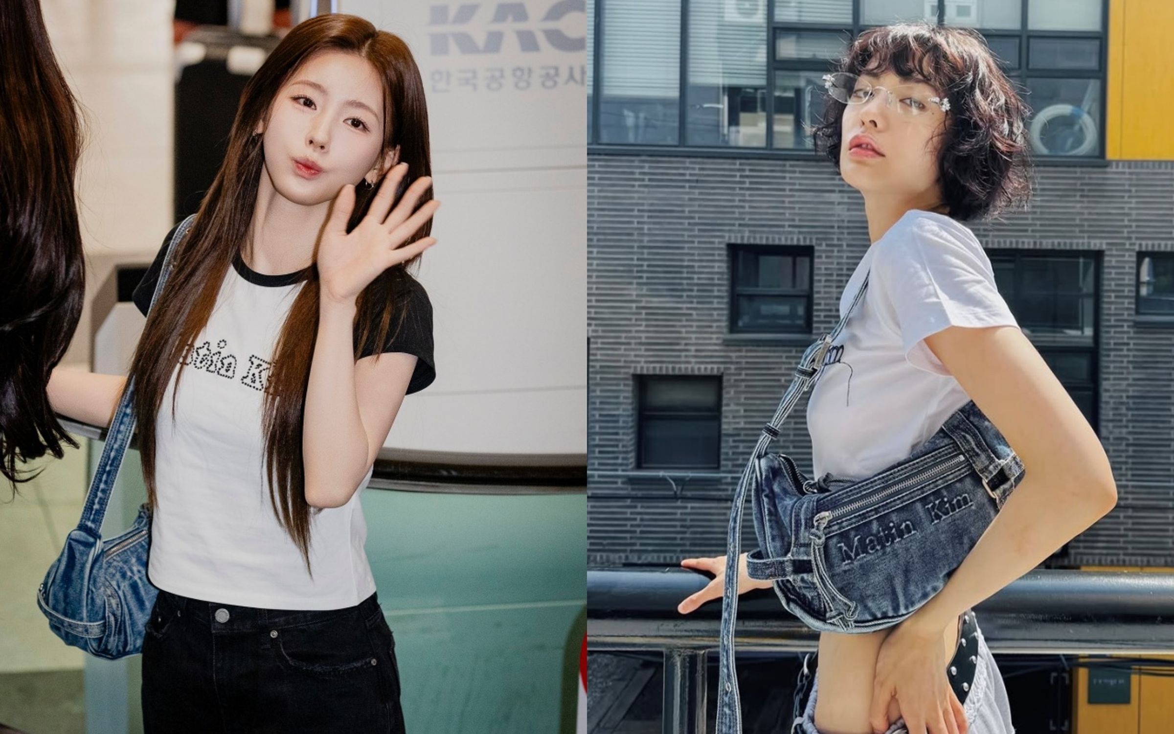 (左起)i-dle成員Miyeon(曹薇娟)與身兼演員與model的NANA,都背上同款的Matin Kim水洗單寧半月包。(Misto提供)