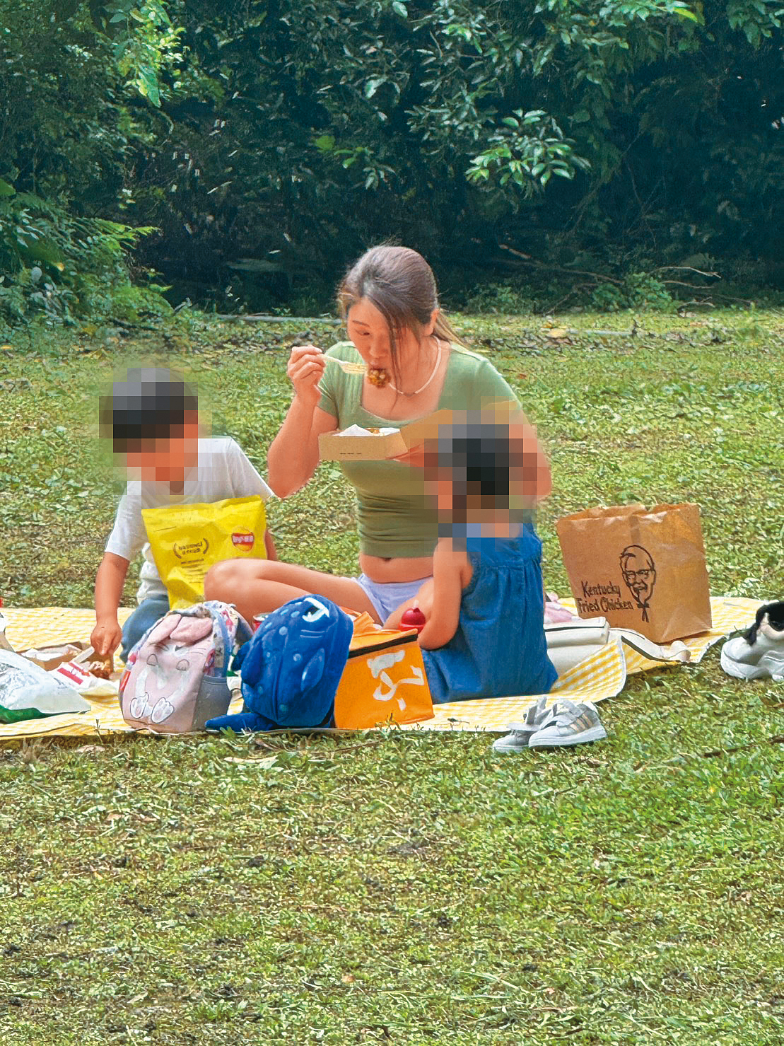 白家綺曾被目擊自己帶一對兒女野餐。(讀者提供)
