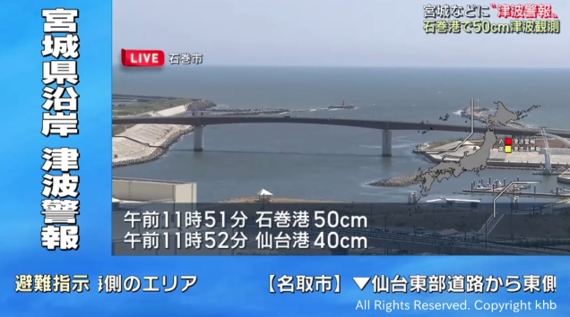 地震發生後，北海道與本州的太平洋沿岸陸續觀測到海嘯潮位，宮城縣石卷港測得最高50公分。（翻攝自東日本放送）