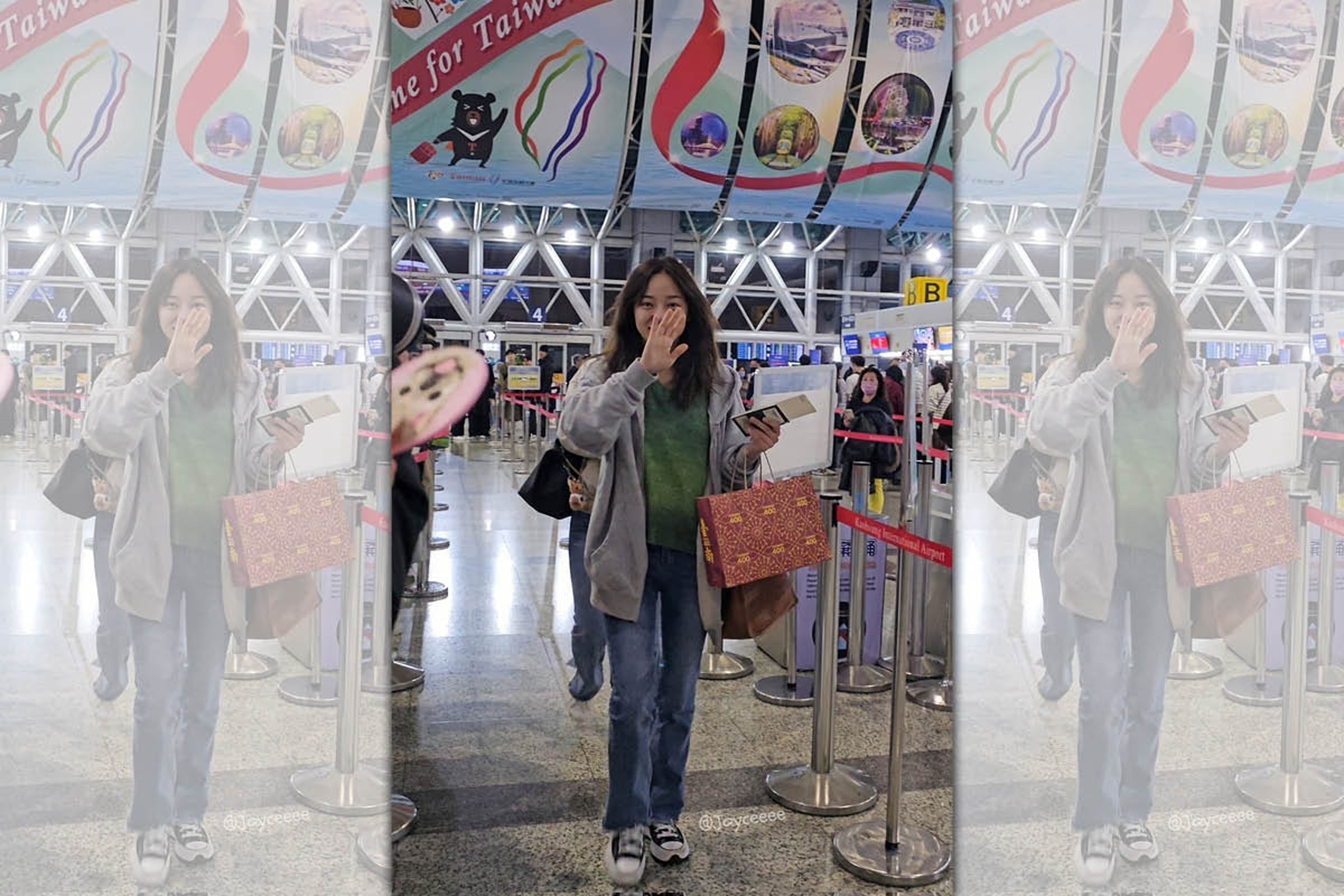 金世正提著「臺南四百」款的提袋現身機場，被網友捕獲。 （網友提供）