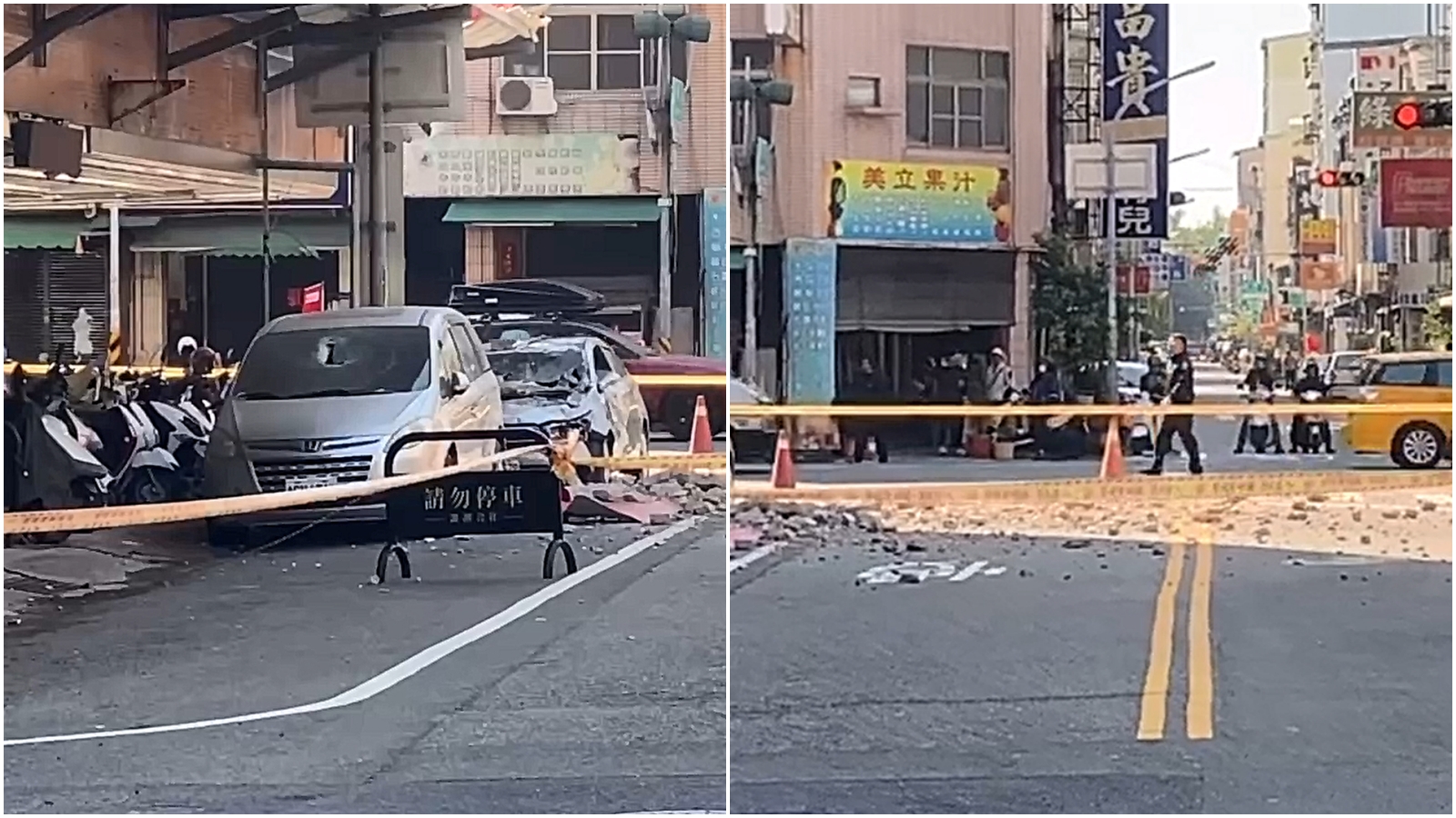 大樓外牆磁磚雨降地面，車輛遭砸現場交管。（翻攝記者爆料網）
