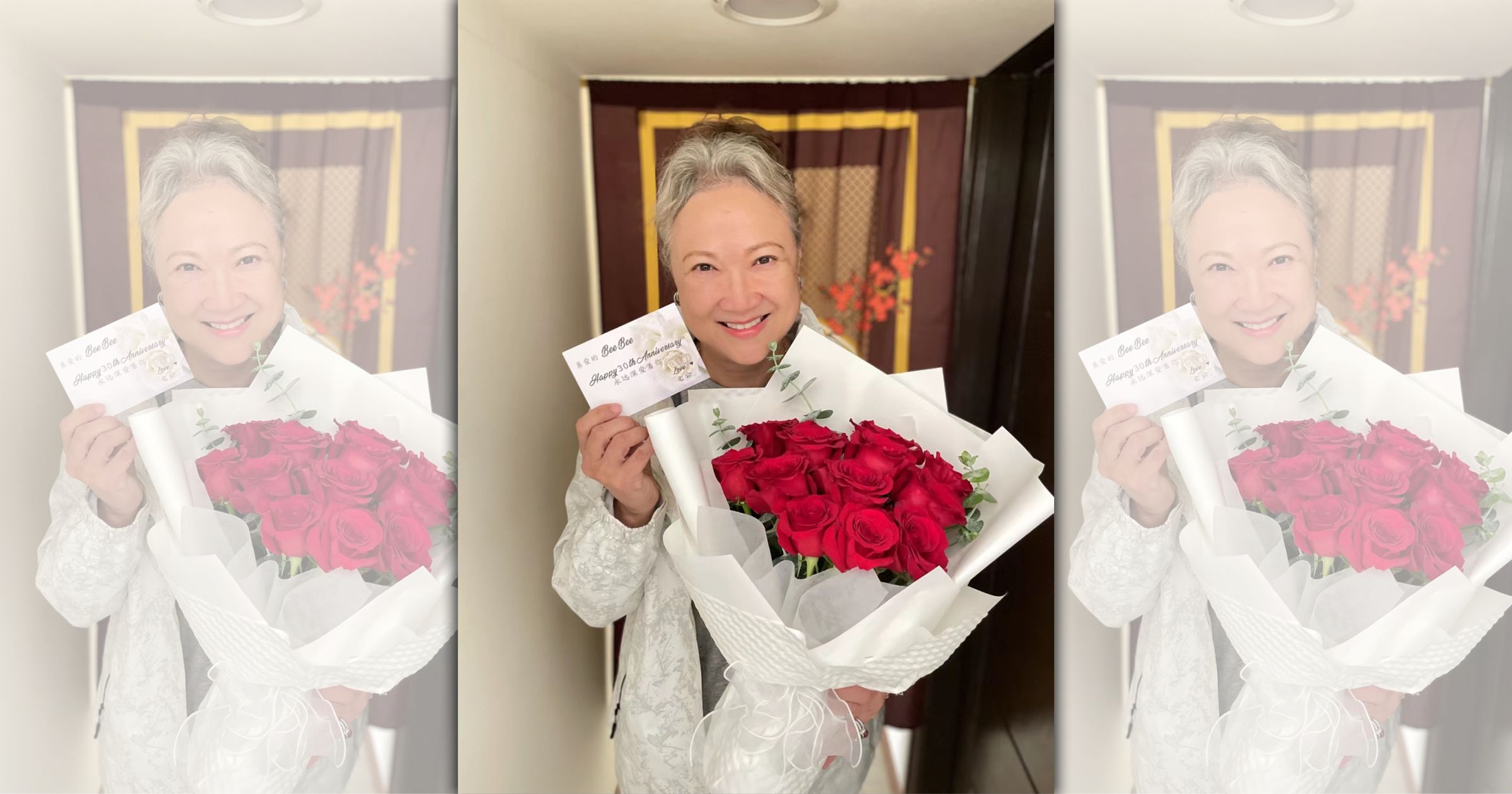 老公鄭各評遠距送上鮮花,慶祝與洪慧芳結婚30週年。(凱渥提供)