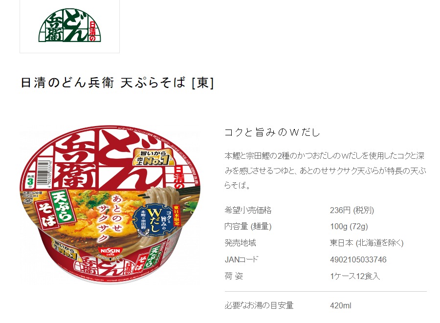 日清「咚兵衛」紅色包裝的天婦羅蕎麥麵泡麵，因成分有「紅麴色素」備受輿論關注。（翻攝自nissin官網）