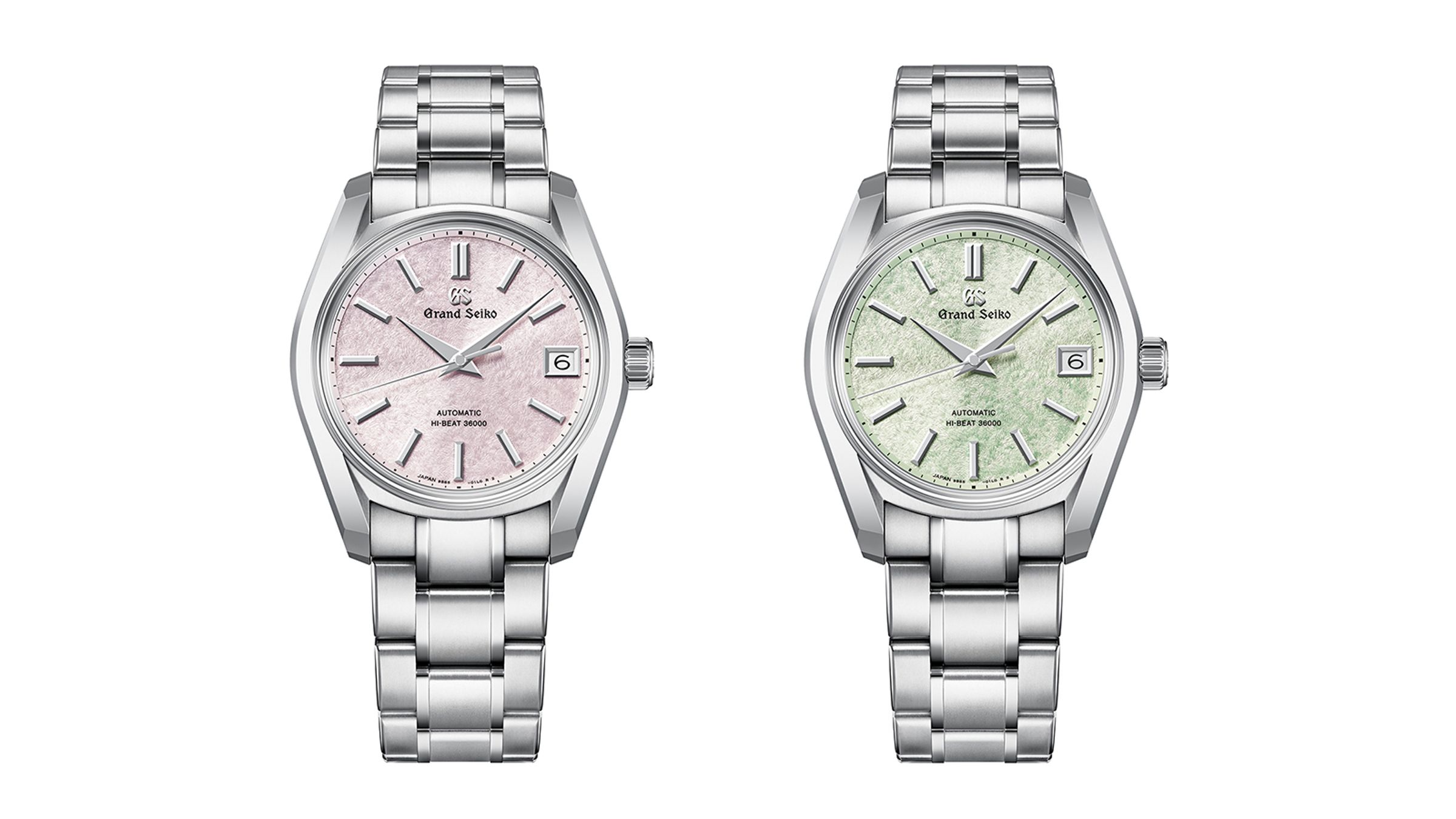 GRAND SEIKO Heritage Collection SBGH341（左）SBGH343（右）｜錶徑38mm／白鈦材質／時、分、秒、日期指示／9S85自動上鍊機芯／防水10大氣壓／動力儲存55小時／定價NT$222,000。