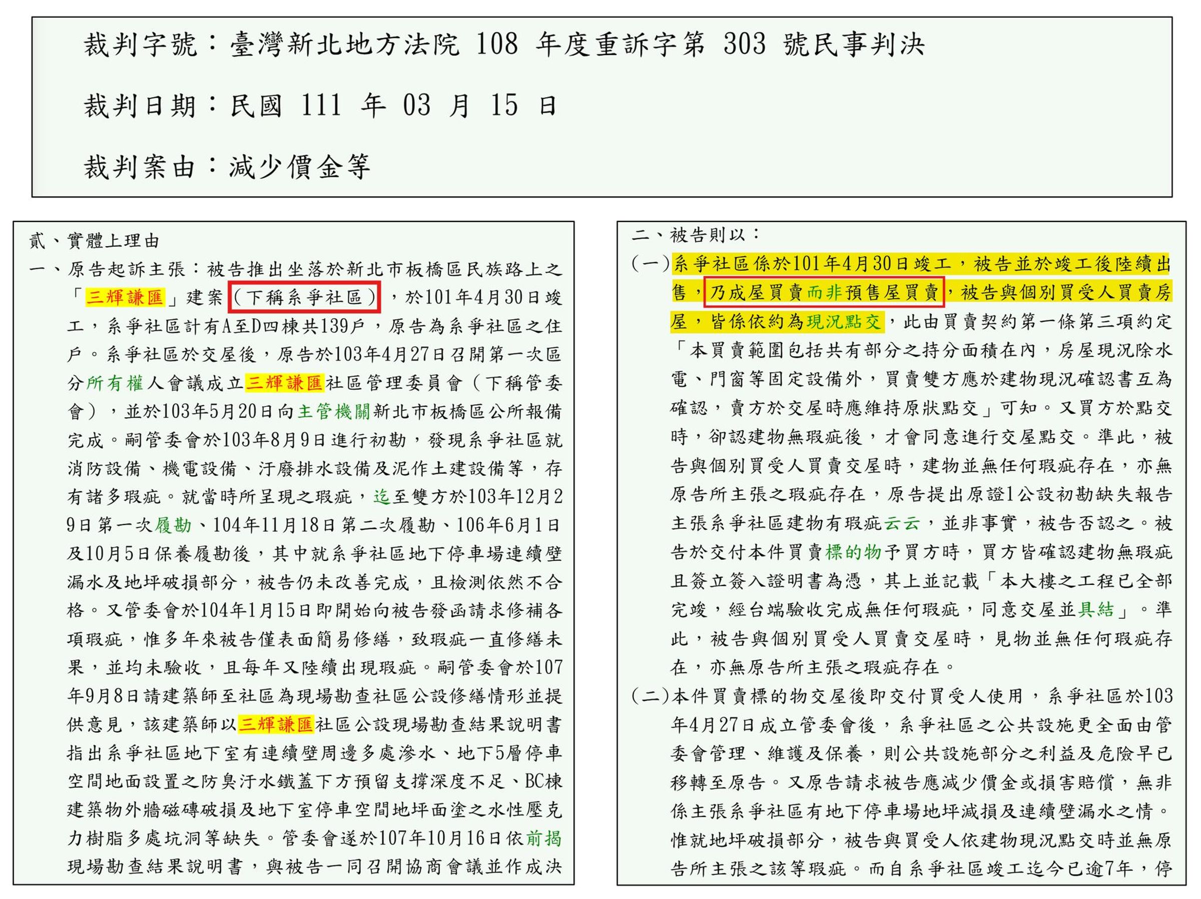 網紅四叉貓po出判決書內容表示「三輝謙匯」竣工後陸續將房屋出售，該建案交易型態應屬「成屋買賣」，並非預售屋買賣 ，翻攝四叉貓臉書