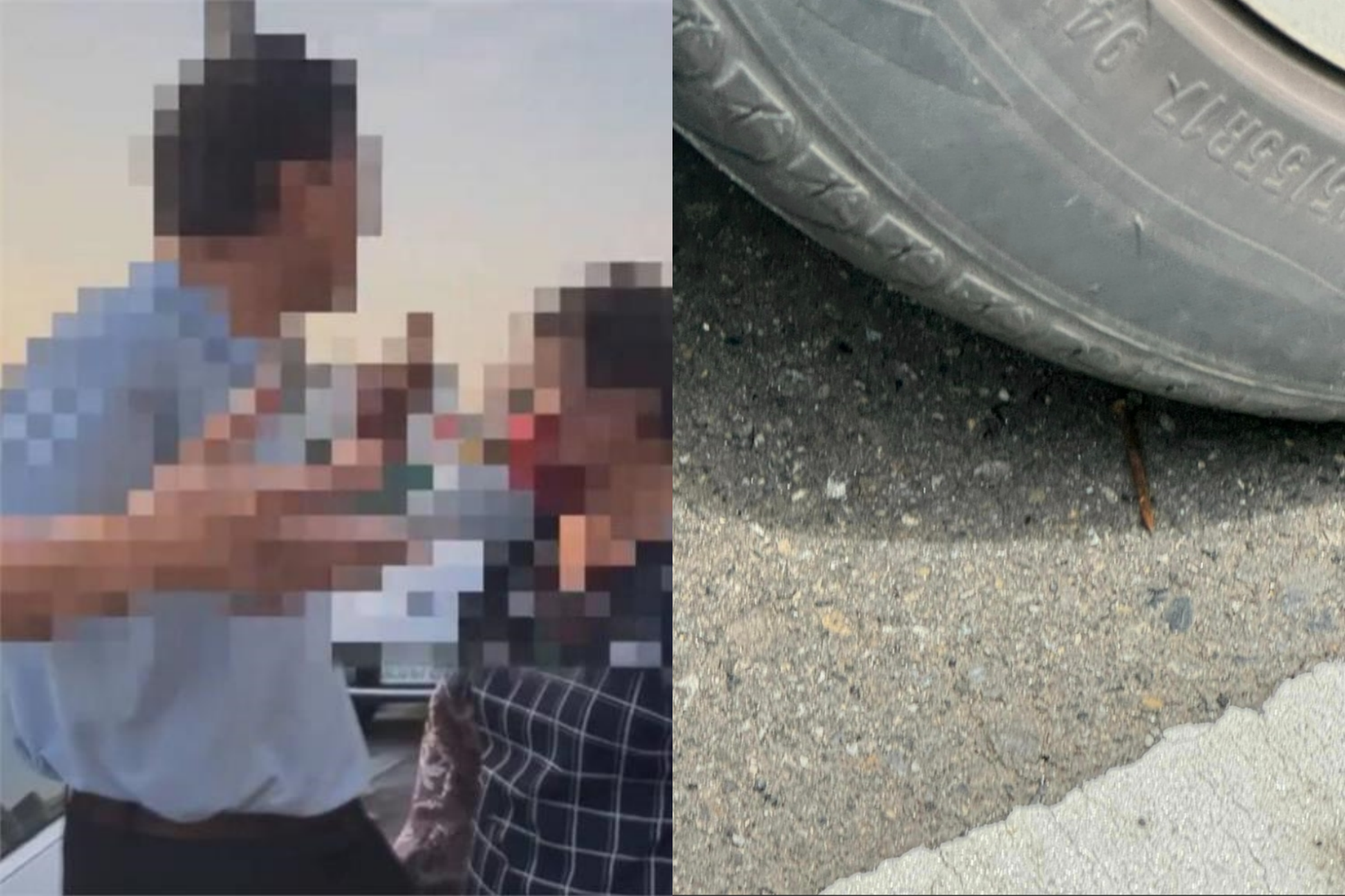 彰化一名女子8日將車停在路邊被附近住戶阻止,隔日還在輪胎前發現釘子。(翻攝自臉書社團「爆料公社」)