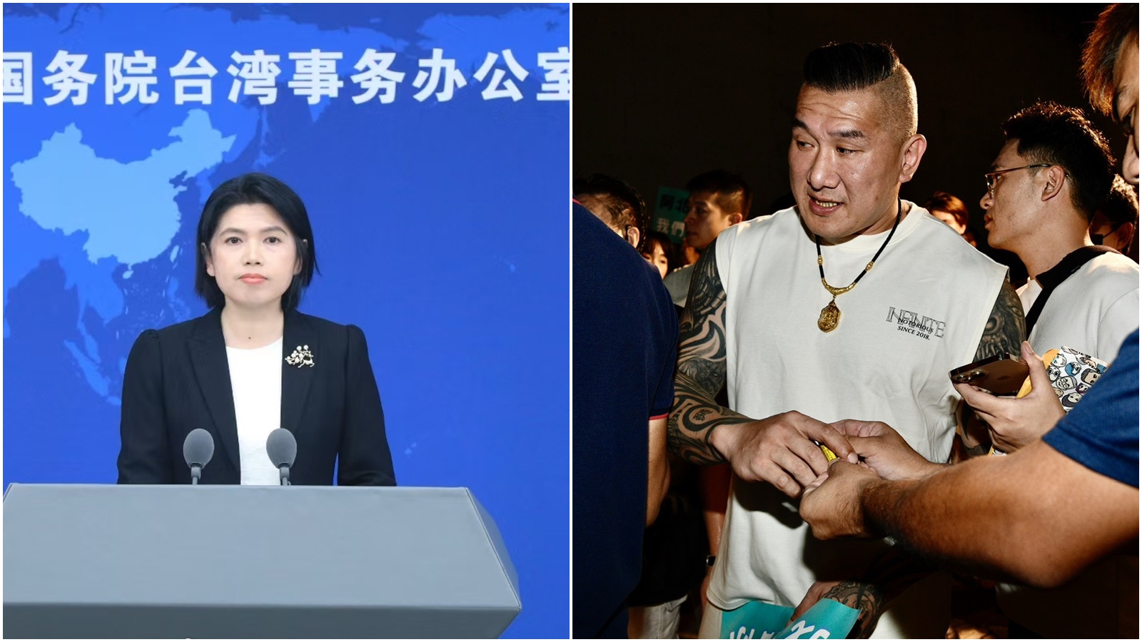 對於館長（右）在中國直播時惱羞喊自己是中華民國人，國台辦發言人朱鳳蓮（左）今日未正面回應。（翻攝自微博@國台辦發布、鏡報李智為攝）