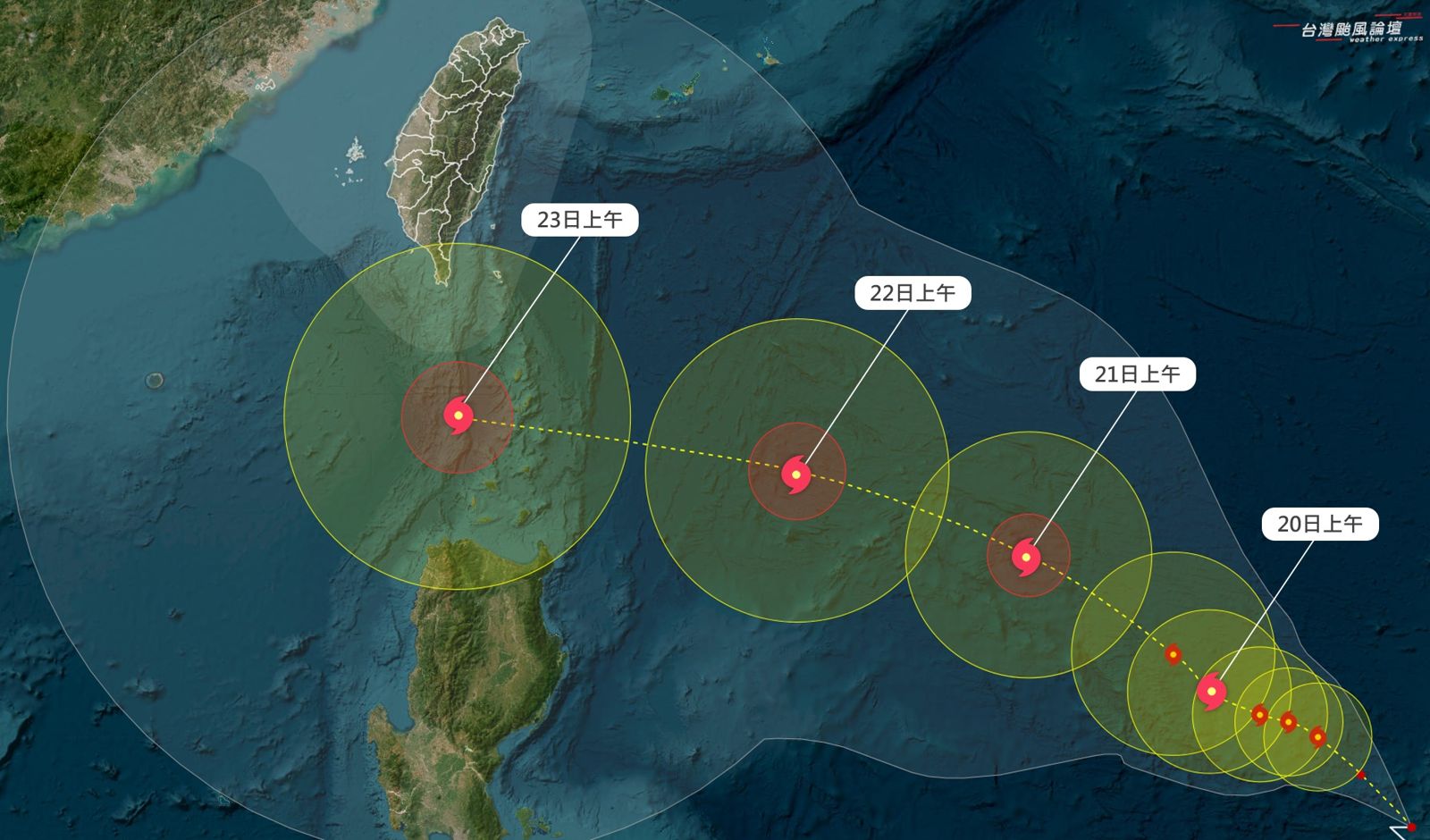 「台灣颱風論壇｜天氣特急」表示，90W預計下週通過台灣南方，以目前路徑「宜花東、屏東及恆春，會是影響最大的區域」。（翻攝自臉書@台灣颱風論壇｜天氣特急）