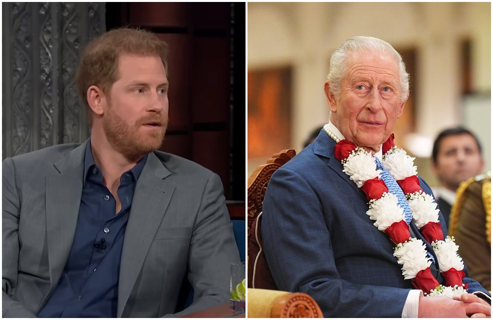 哈利王子（左圖）跟查爾斯三世（右圖）的父子關係，令外界關注。（翻攝The Late Show with Stephen Colbert YouTube頻道／The Royal Family臉書）