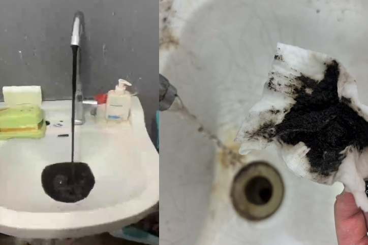 網傳影片更顯示宿舍自來水呈黑色如石油一般，疑似印證供水遭受污染。（翻攝自李老師不是你老師）