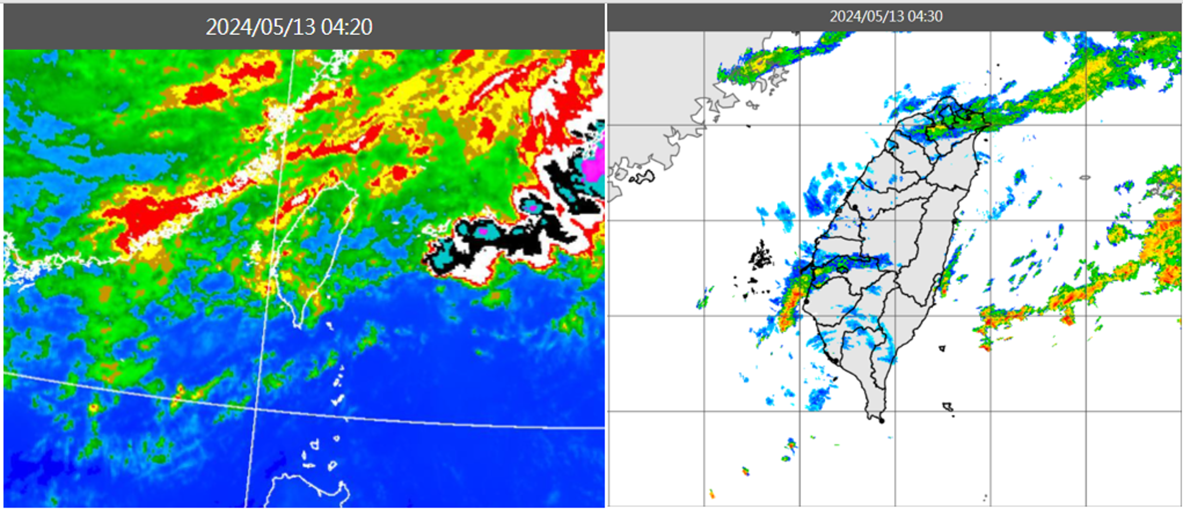今日晨4:20紅外線色調強化雲圖顯示,各地雲層增多(左圖);4:30雷達回波合成圖顯示,雲層伴隨局部降水回波(右圖)。(翻攝自三立準氣象.老大洩天機)
