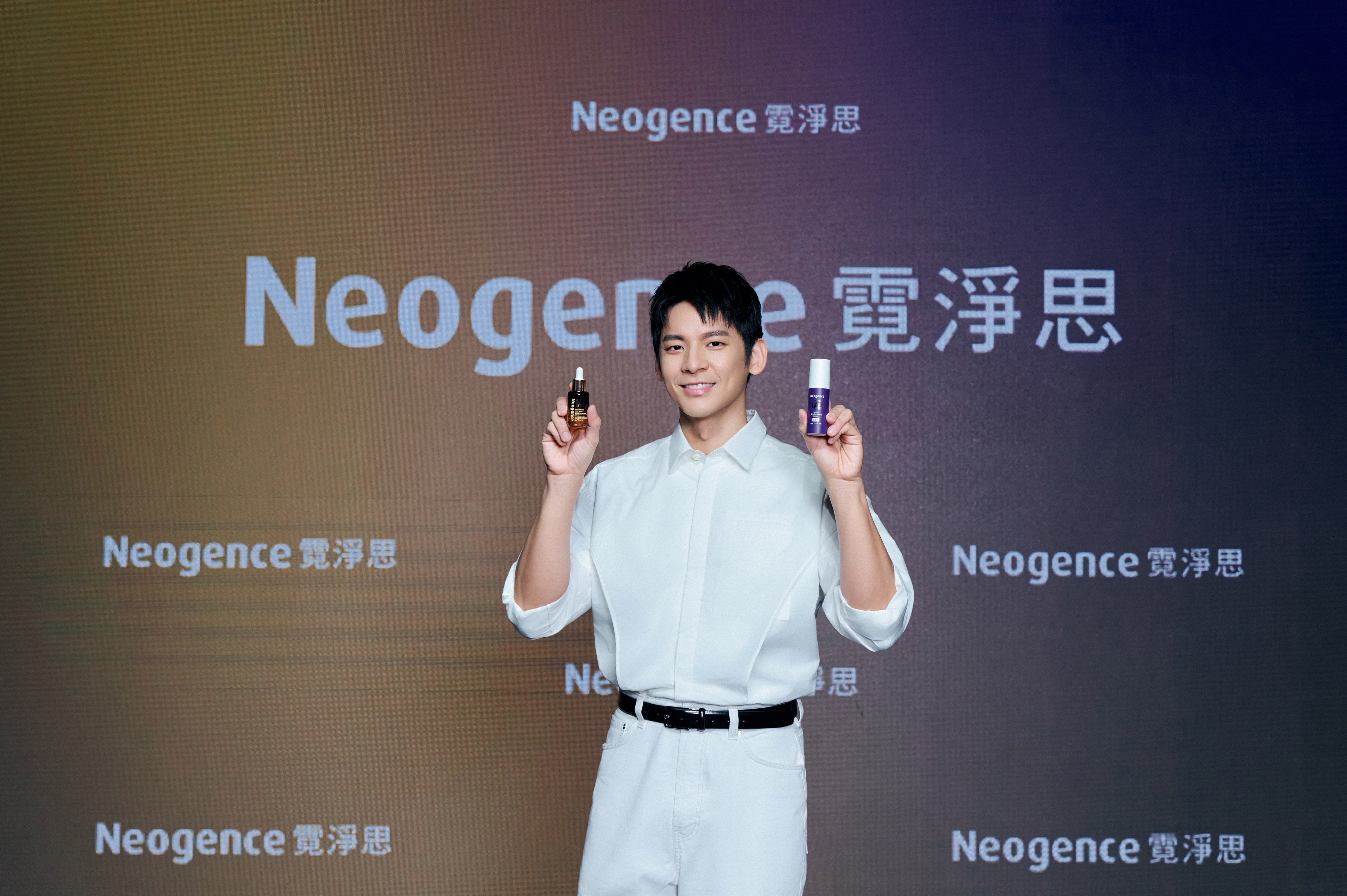 林柏宏繼續代言保養品，38歲的他笑稱在產品管理下有信心再演高中生，甚至還敢挑戰演5歲小孩。(霓淨思提供)