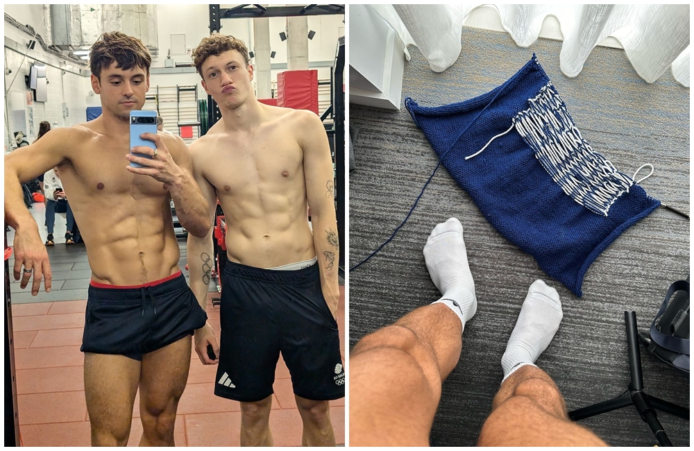 英國跳水好手湯姆戴利（左圖左）在東京奧運場邊打毛線爆紅，他分享最新訓練照和毛線作品。（翻攝tomdaley IG）