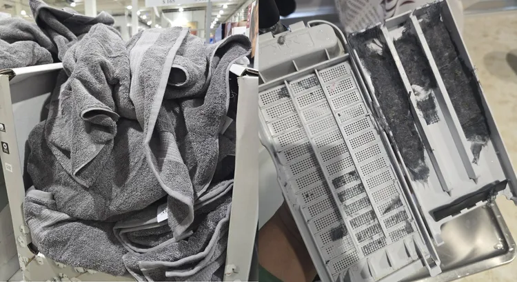 網友買回好市多165元的特價浴巾，不料進洗衣機一洗狂掉毛，整台洗衣機都崩潰。（翻攝自臉書 @Costco好市多 商品經驗老實說）