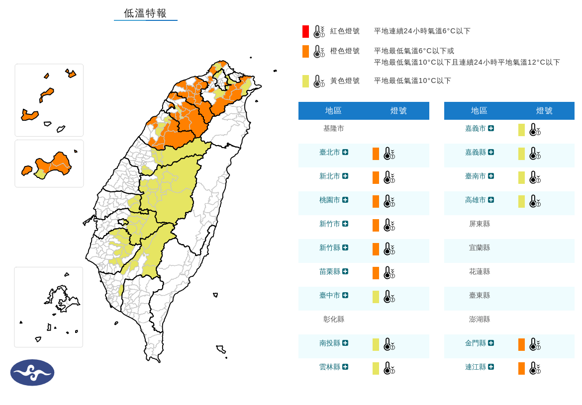 氣象署今上午針對15縣市發布低溫特報，提醒民眾注意保暖。（中央氣象署提供）
