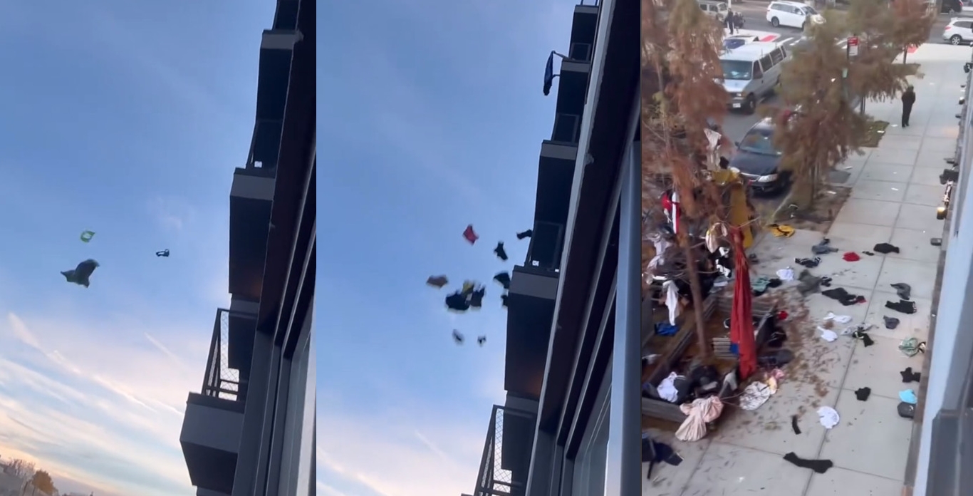 美國一名女子返家抓姦男友出軌，氣到將他的衣物家當都丟出大街。（翻攝抖音@thisisnyc）