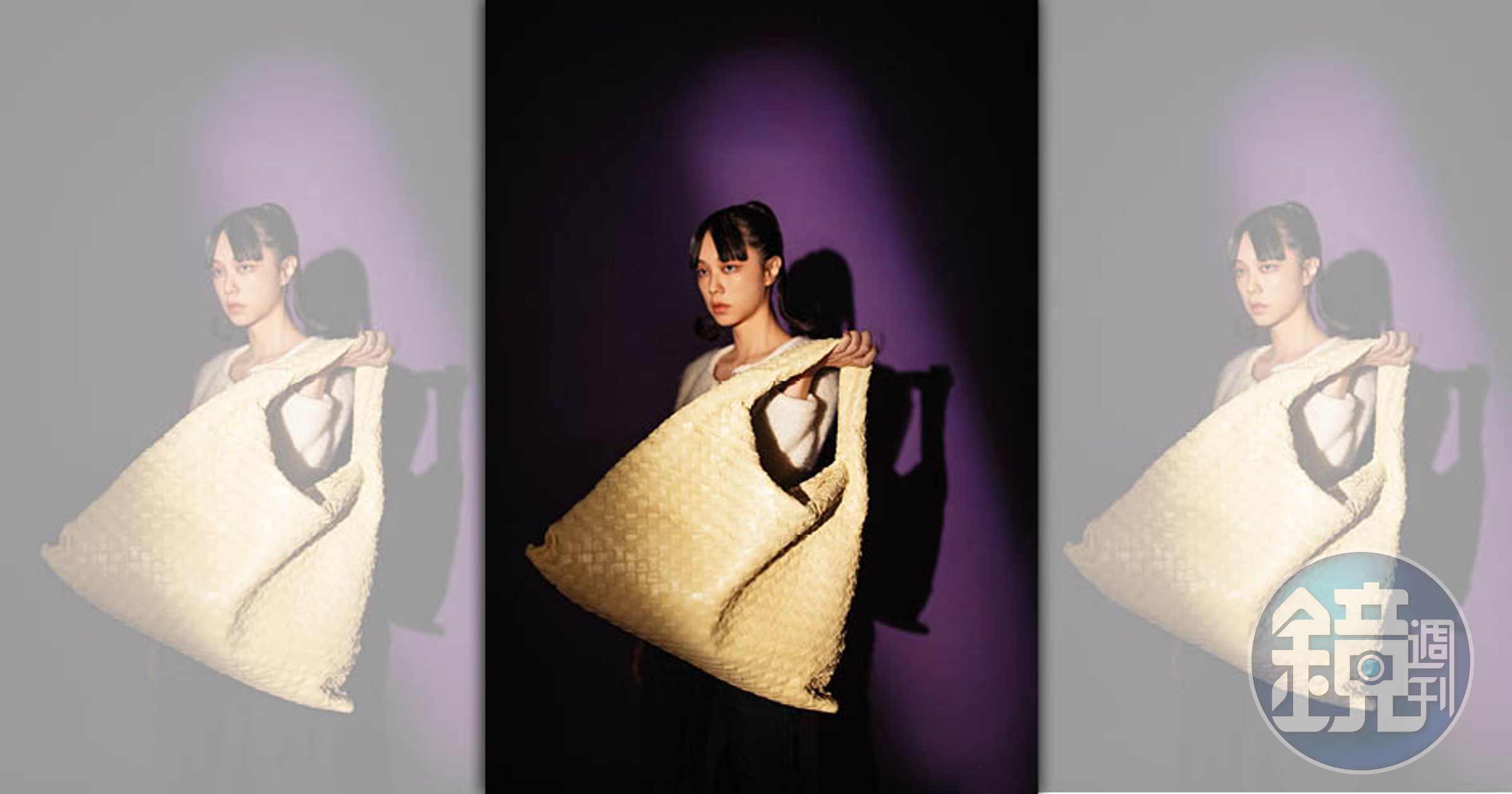 Hop編織皮革肩背包 NT$138,600 by BOTTEGA VENETA；拉絨馬海毛珠寶鈕扣開胸外套 NT$145,000 by CELINE BY HEDI SLIMANE；DARK UNION WASH洗水牛仔布JANE牛仔褲 價格店洽 by CELINE BY HEDI SLIMANE。