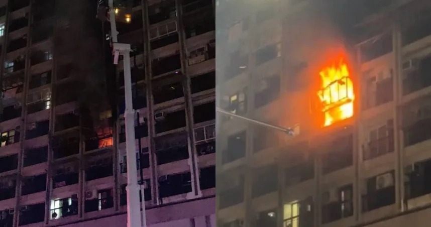 高雄七賢大樓昨晚發生嚴峻火警，警消緊急疏散100多人，所幸火勢於1小時內撲滅，2人嗆傷送醫。（翻攝記者爆料網）