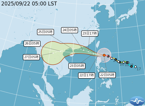 今明將受颱風影響，會出現局部大雨或豪雨的情形。（翻攝自中央氣象署官網）