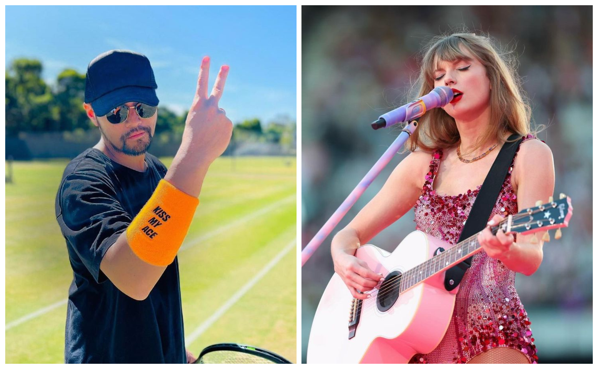 周杰倫(左圖)日前去看泰勒絲(右圖)演唱會,因座位疑雲引論戰,貼出戴「Kiss My Ace」護腕,暗嗆網友「滾蛋」。(翻攝周杰倫IG、泰勒絲IG)