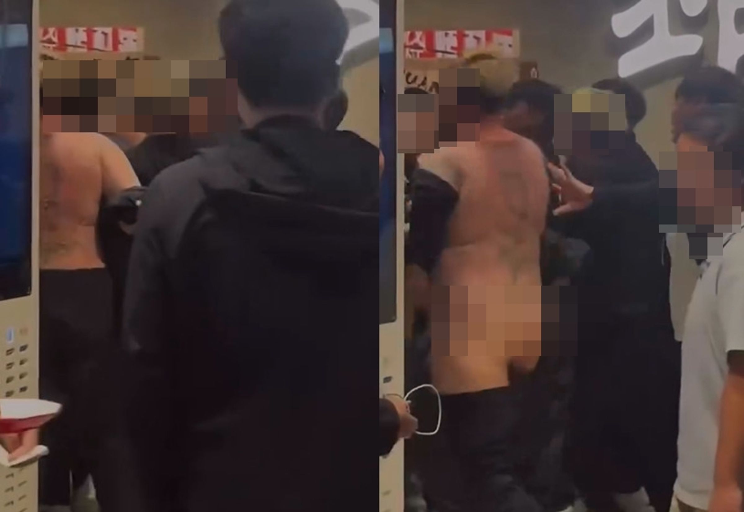 一名黑衣壯漢打架時，原本想脫衣露刺青，意外褲子也同時滑落。（翻攝threads@m.k_chuang）
