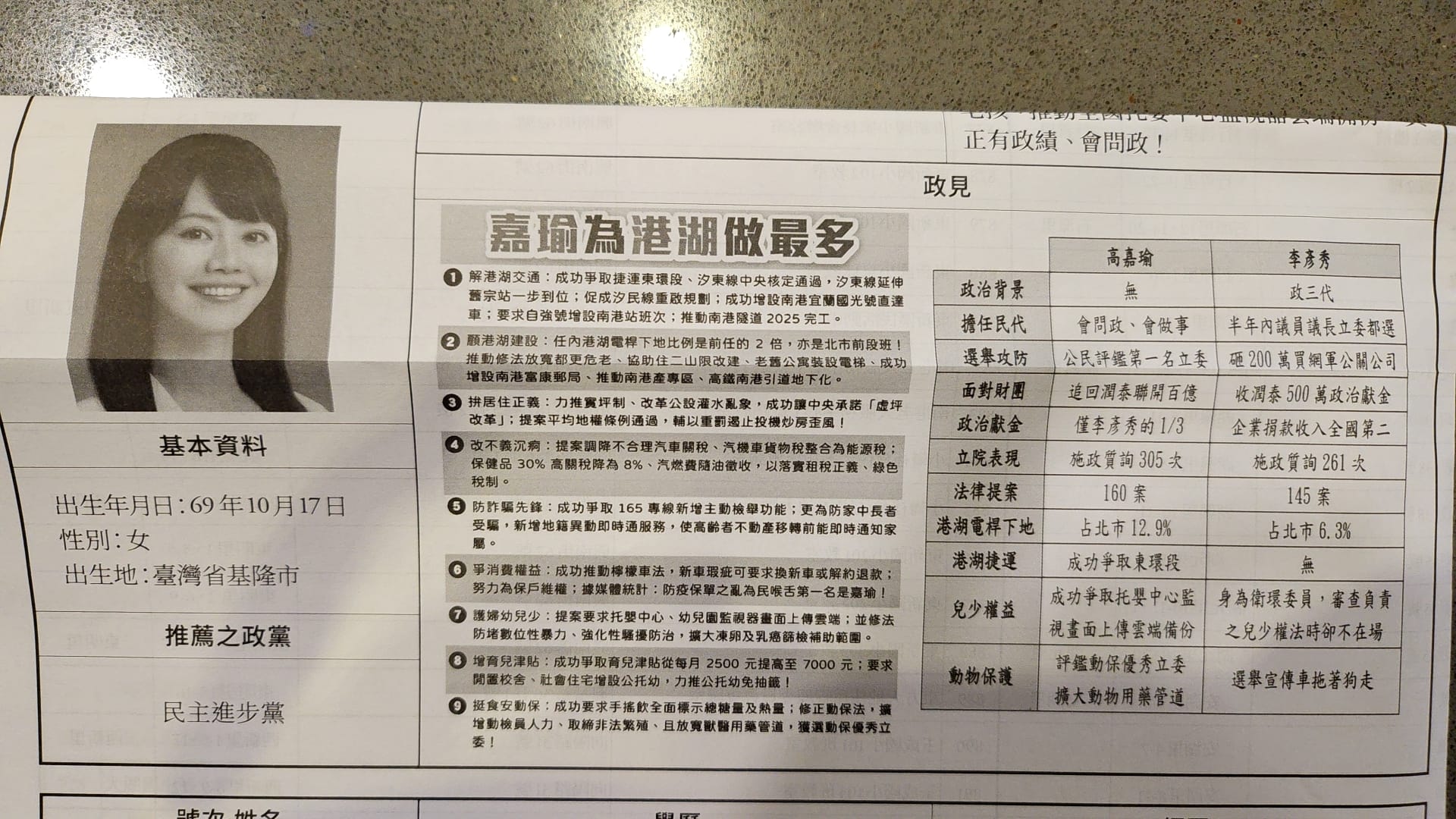 游淑慧抨擊民進黨候選人高嘉瑜在選舉公報印製負面文宣。（翻攝自游淑慧 台北市議員臉書）