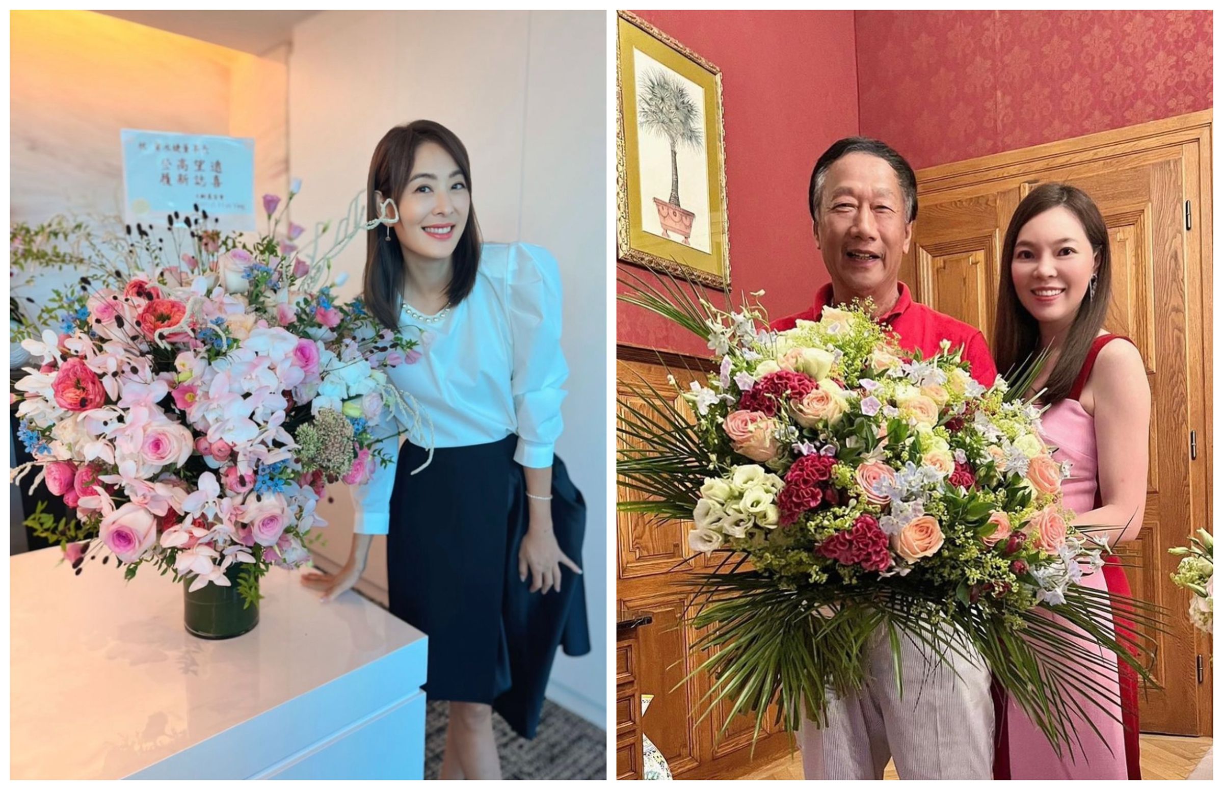 賈永婕(左圖)上任101董事長,收到郭台銘、曾馨瑩夫婦(右圖)送的花禮。(翻攝賈永婕臉書、曾馨瑩IG)