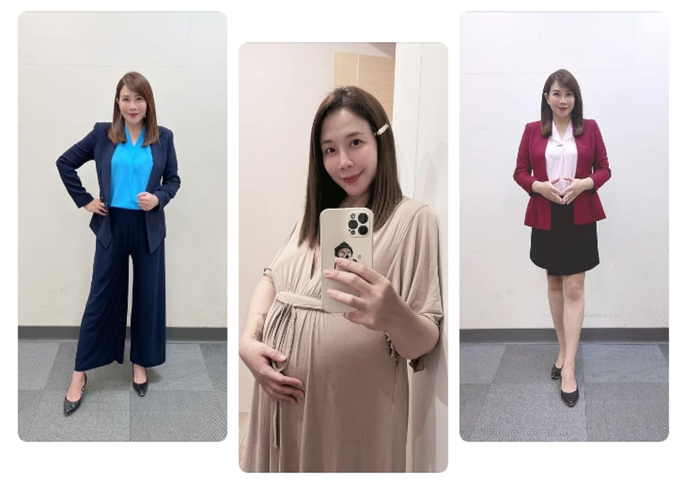 秦綾謙8月份曾PO出主播裝造型和私下孕婦裝對比照，當時快滿7個月的孕肚超會藏。（翻攝自秦綾謙Donut & Yumi臉書）