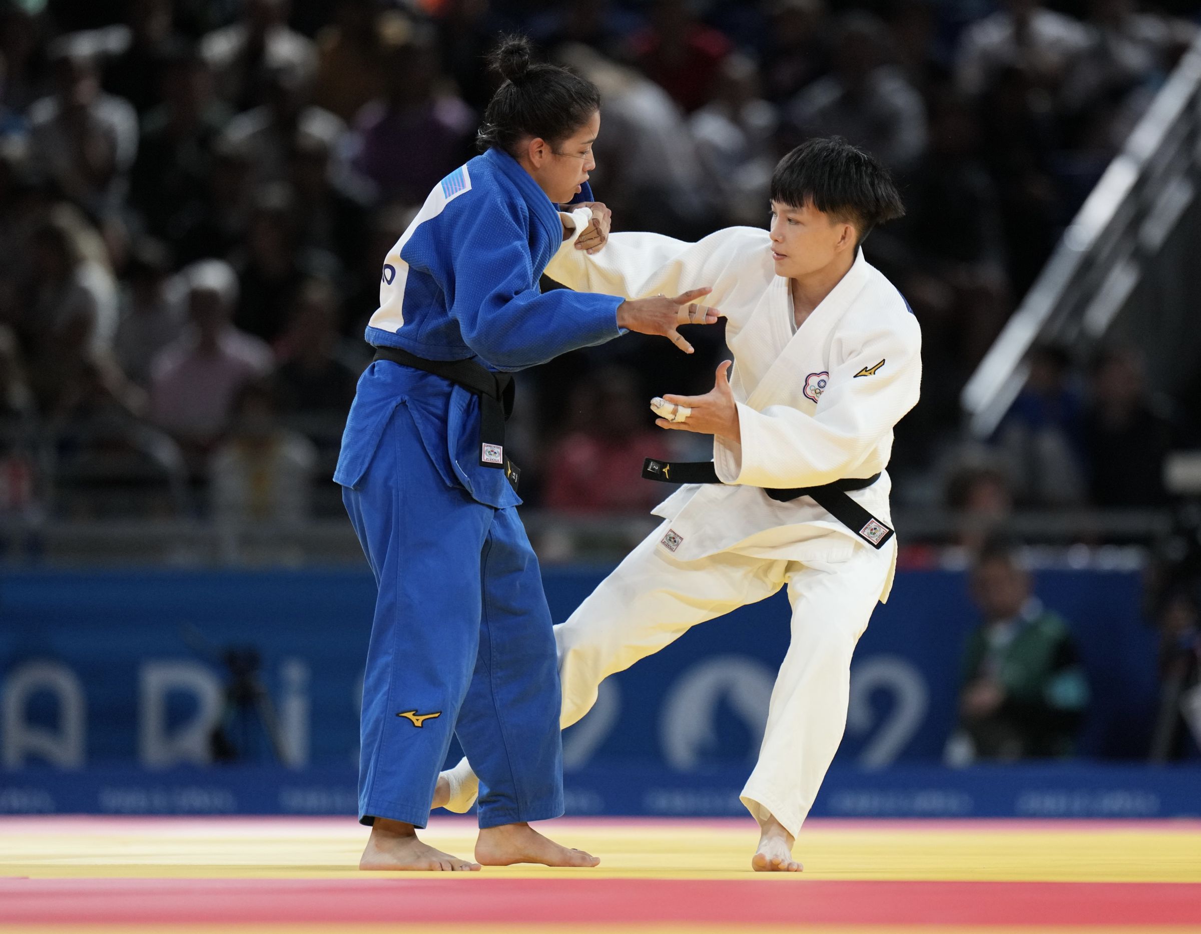 林真豪在柔道女子48公斤級32強迅速擊退哥倫比亞選手成功晉級。(中華奧會提供)