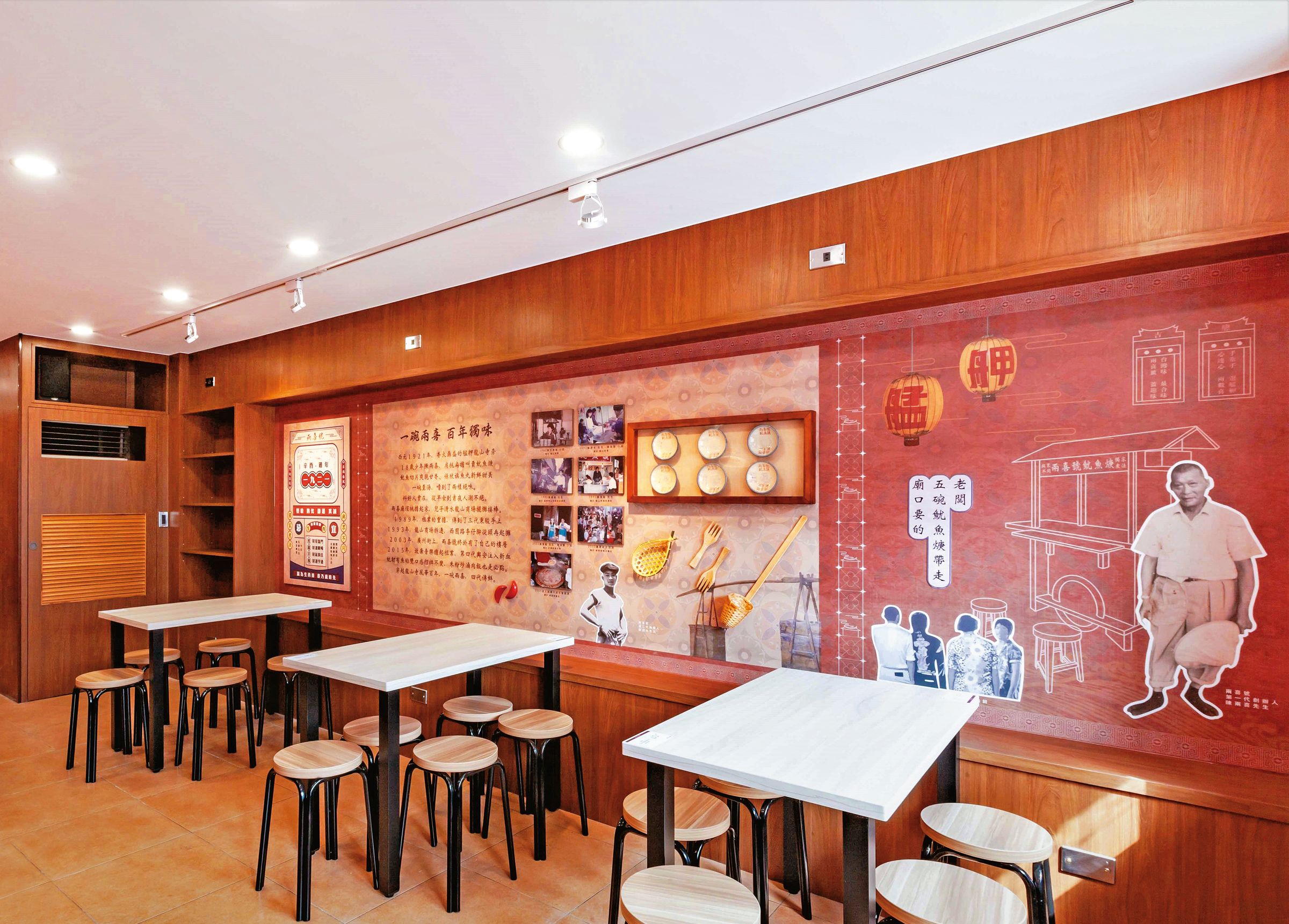 「兩喜號」的牆面展示店家故事與艋舺文化。