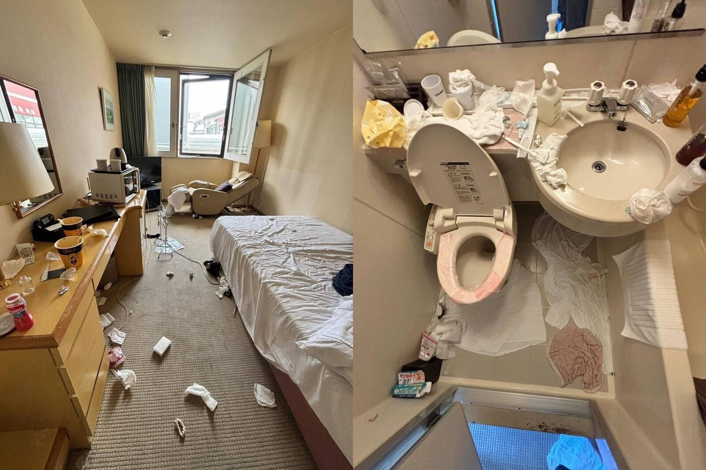 2名外表看起來十分甜美的中國年輕女遊客,沒想到對方退房後,飯店客房竟瞬間淪為垃圾場。(翻攝自akki_kiku threads)