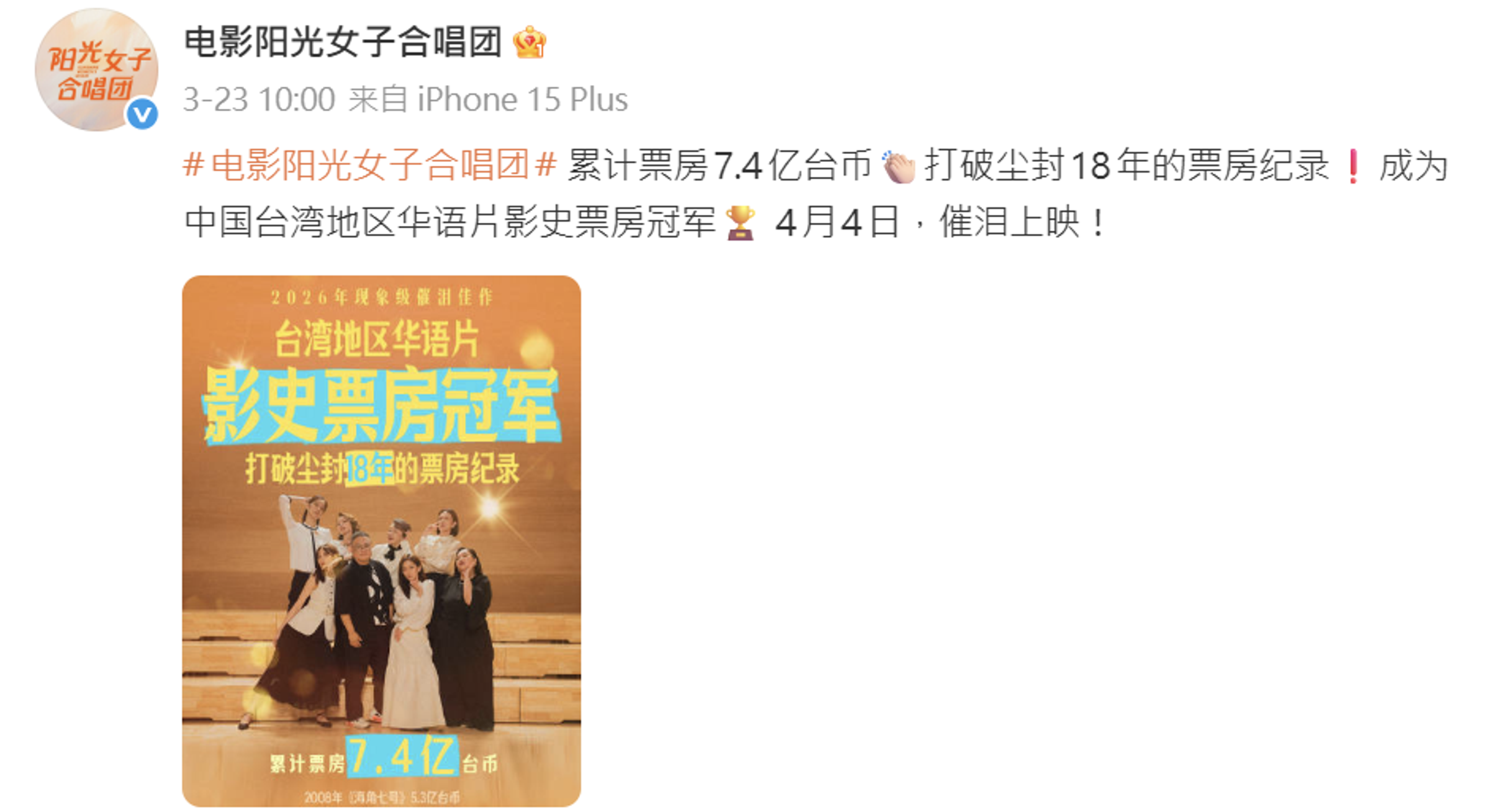 《陽光女子合唱團》在微博上宣傳時，稱「成為中國台灣地區華語片影史票房冠軍」，引發爭議。（翻攝自《陽光女子合唱團》微博）