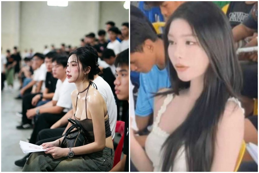 擁有580萬粉絲的跨性別網紅Dreamno（右圖）現身抽籤現場；網友分享徵兵現場正妹照（左圖）被質疑是AI。（翻攝自Tik Tok@phiratchaya16、Threads）