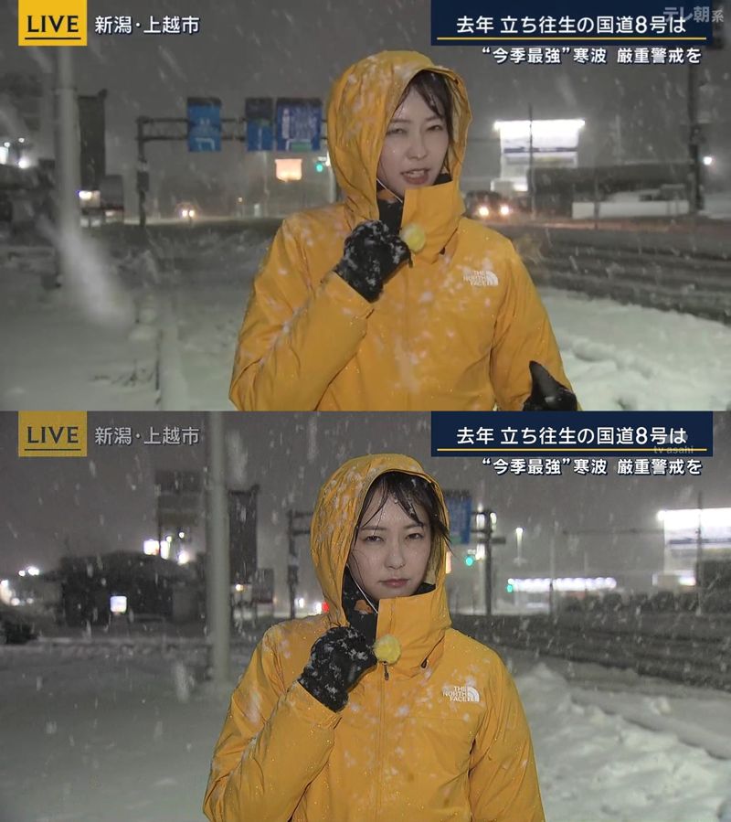 冒著大雪在雪地連線報導的下村彩里，不少人反而因她臭臉被圈粉。（翻攝X@goh_wan）