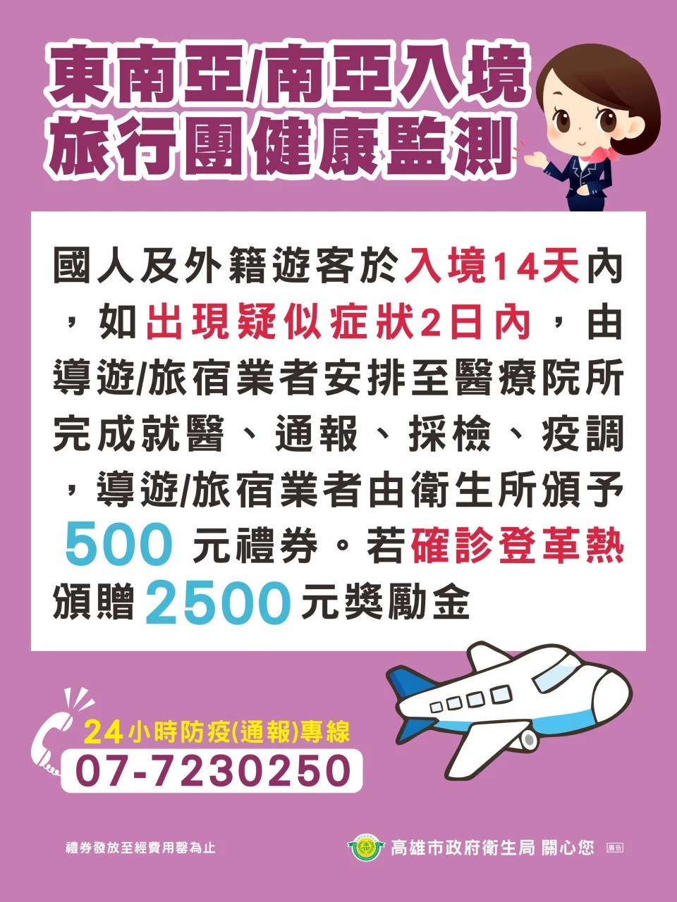 因台籍導遊及時帶到醫療院所完成就醫、通報、採檢及協助疫調等防疫事項，符合旅行團健康監測獎勵措施，衛生局將頒予500元禮券予該導遊。（高雄市衛生局提供）