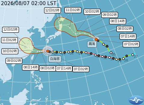 颱風「白海豚」預計8日至10日最接近台灣,風雨影響最大。(翻攝自中央氣象署)