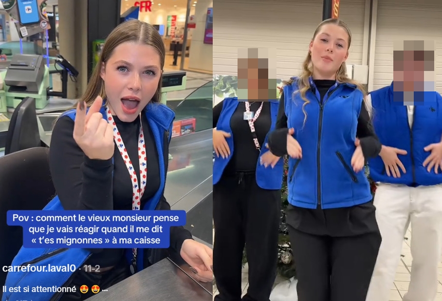 法國家樂福分店收銀員萊奧妮穿制服拍攝熱舞影片，在TikTok瞬間爆紅，為枯燥小鎮帶來活力與商機。（翻攝抖音@carrefour.laval0）