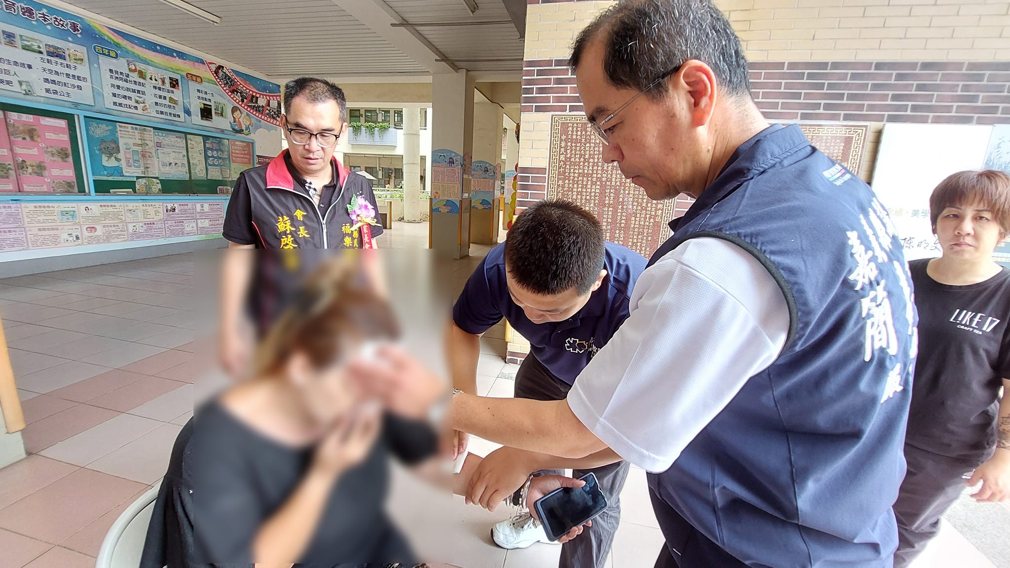 嘉義縣民雄鄉福樂國小舉行畢業典禮時，天花板疑似因漏水而塌落，砸傷2名家長。（翻攝張文榮臉書）