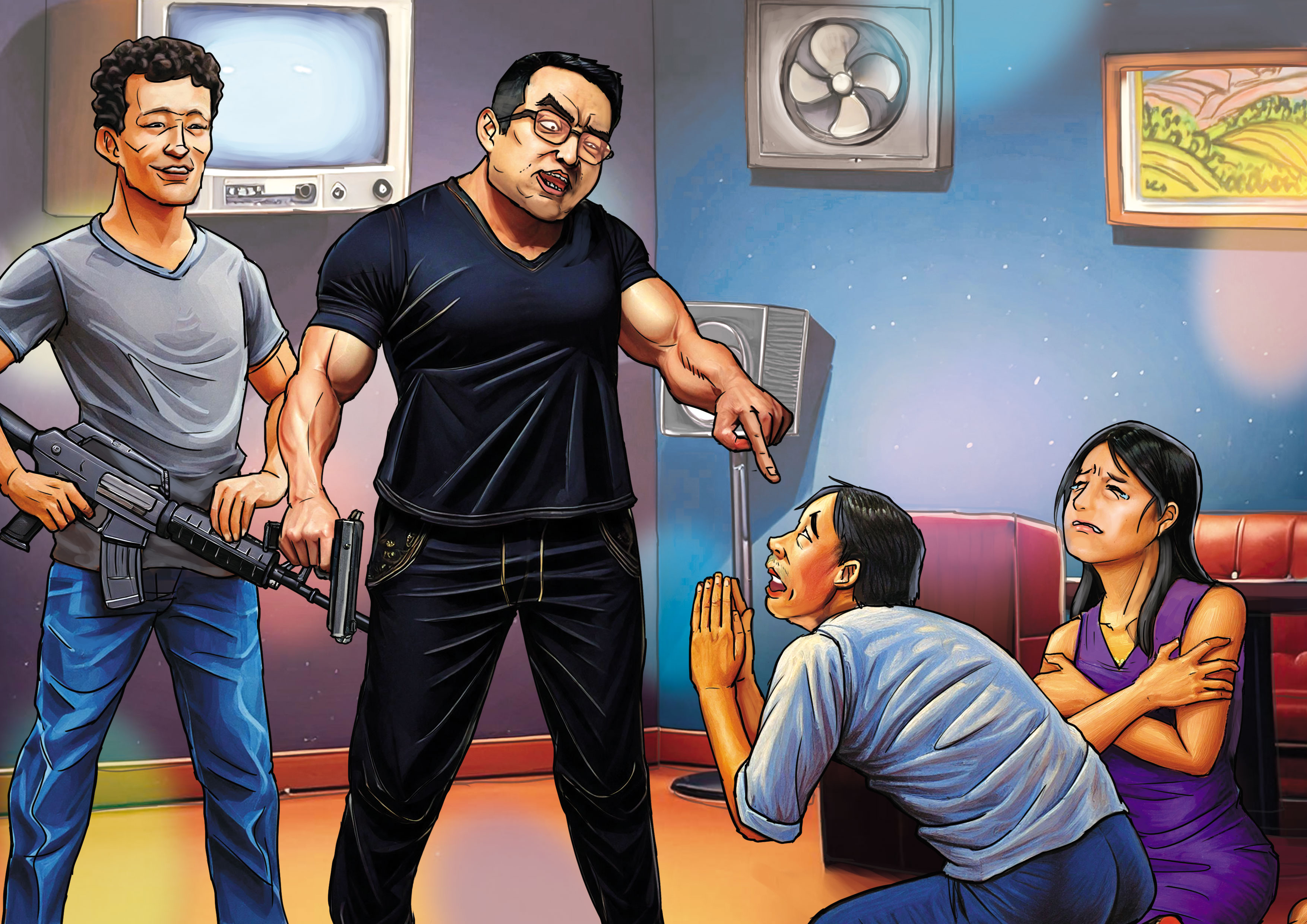 槍擊要犯黃村與同夥分持長短槍，逼KTV經理下跪，並毆擊其頭部致死。（AI繪圖Adobe Firefly生成，本刊美術組後製）