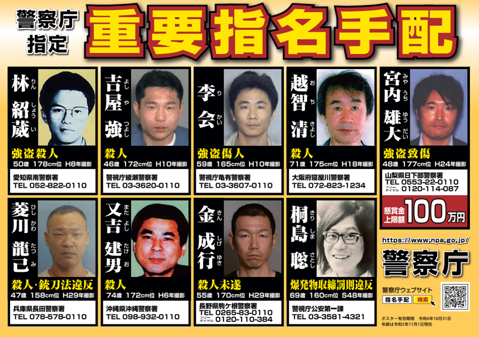 桐島聰成為這份「重大通緝犯」海報中最資深的「學長」。（圖／鏡週刊提供／翻攝自日本警視廳官網）