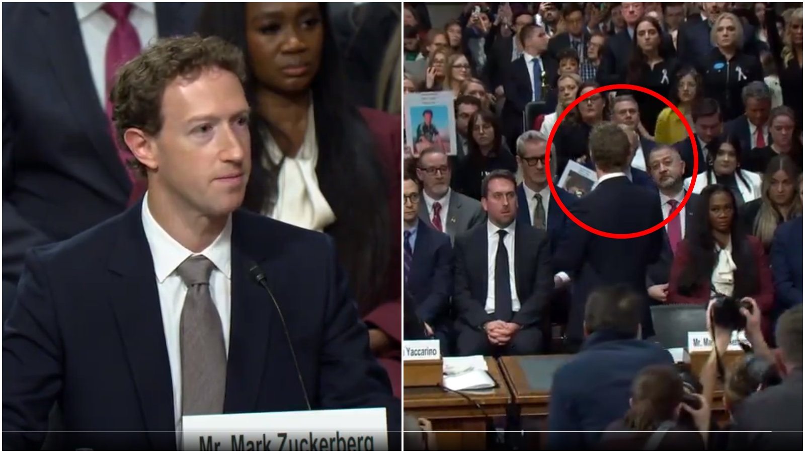 面對議員於聽證會詢問是否公開向受害者致歉，祖克柏轉向受害者家屬道歉。（翻攝自X@HawleyMO）