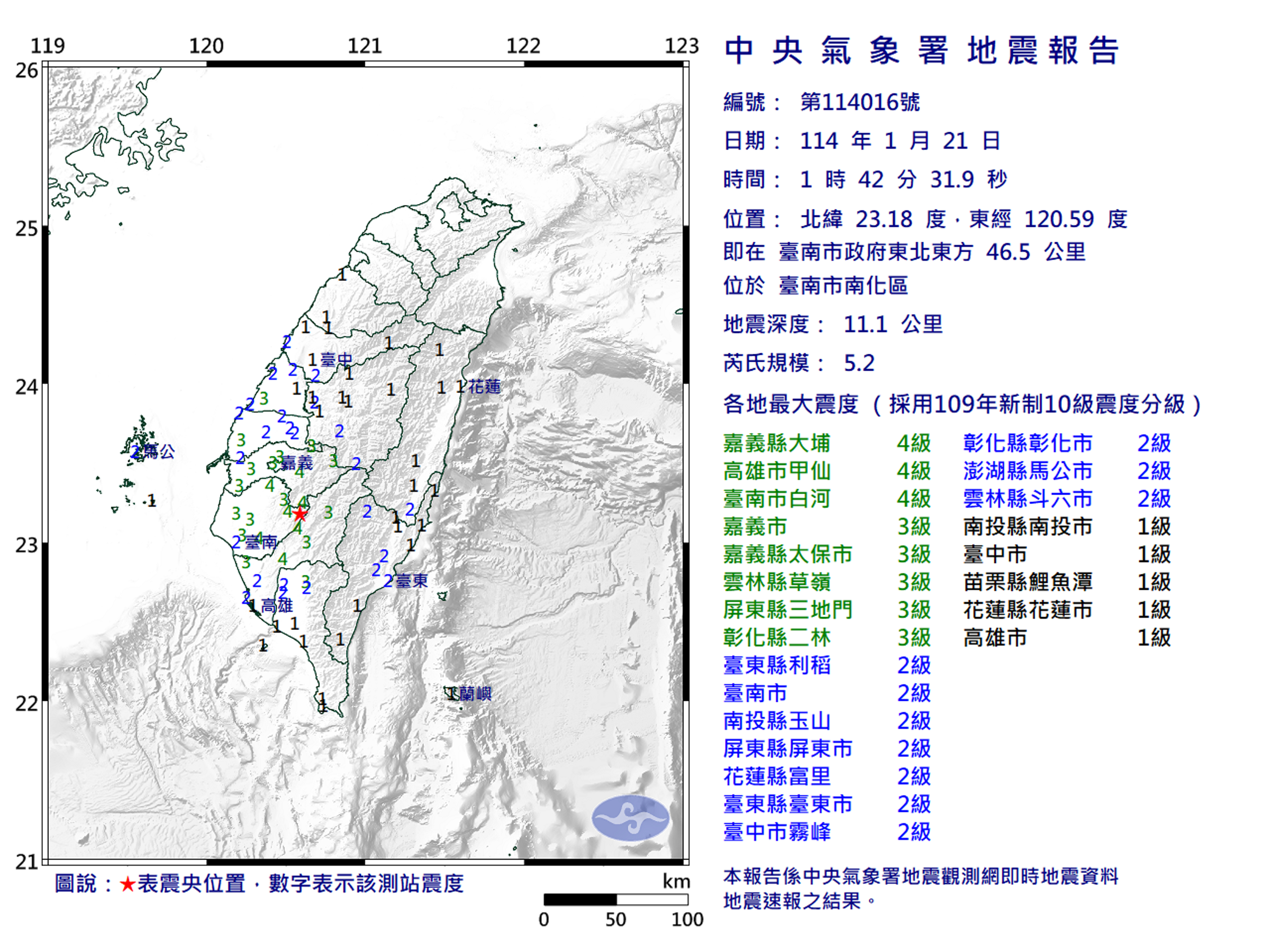 台南市南化區1時42分發生規模5.2地震。（翻攝氣象署官網）