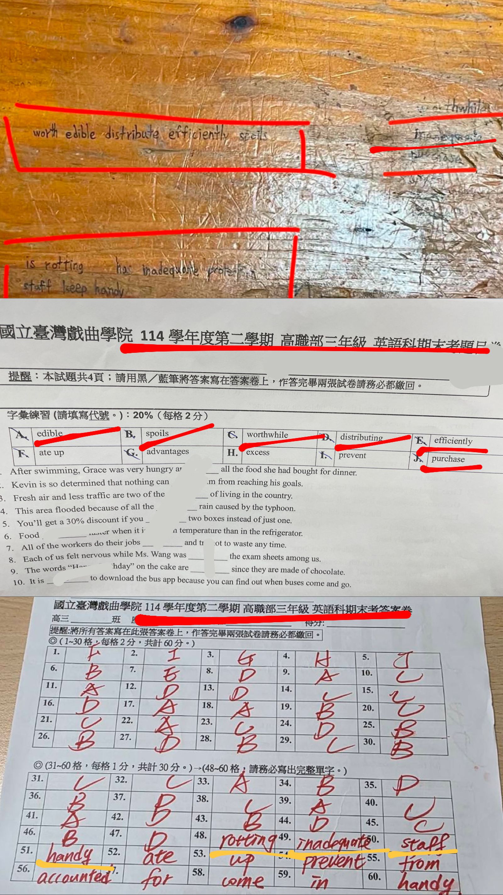監考老師對滿桌面的「小抄」視而不見，校方調查後竟否認老師有護航作弊一事。（圖／鏡週刊提供）