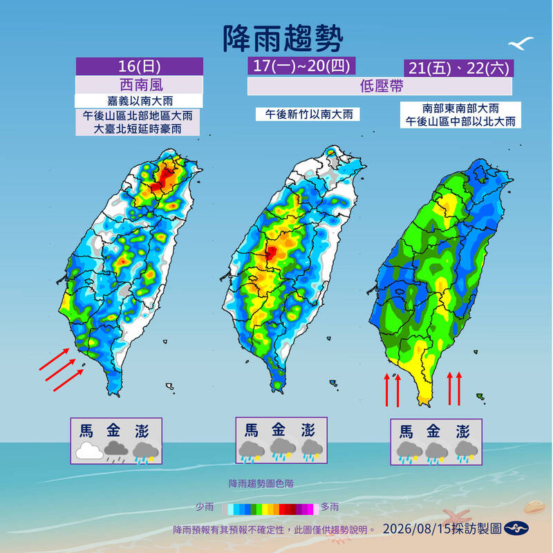 中央氣象署說明，下週溼答答。（中央氣象署提供）