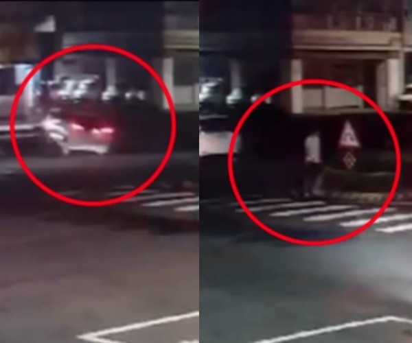 監視器畫面看出，施男自撞後，下車查看車況，隨即棄車徒步離開。（翻攝畫面）