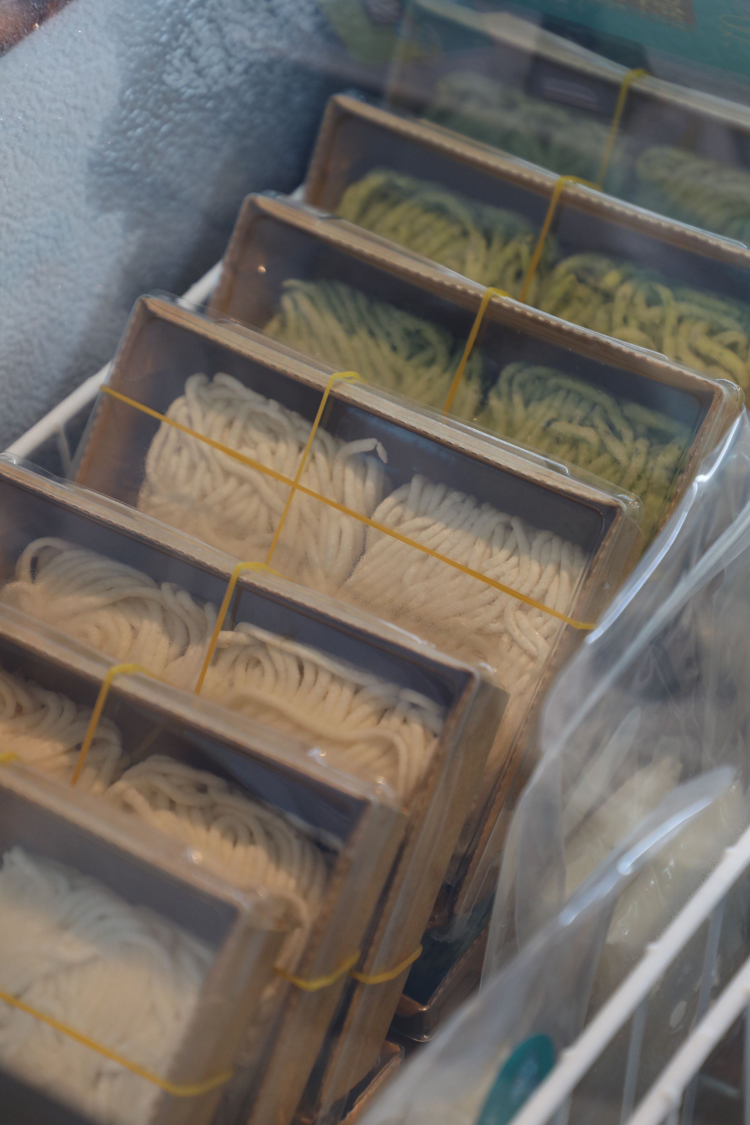 冷凍櫃裡有魚麵、魚肉燒賣等半成品，可以買回家自己烹調。