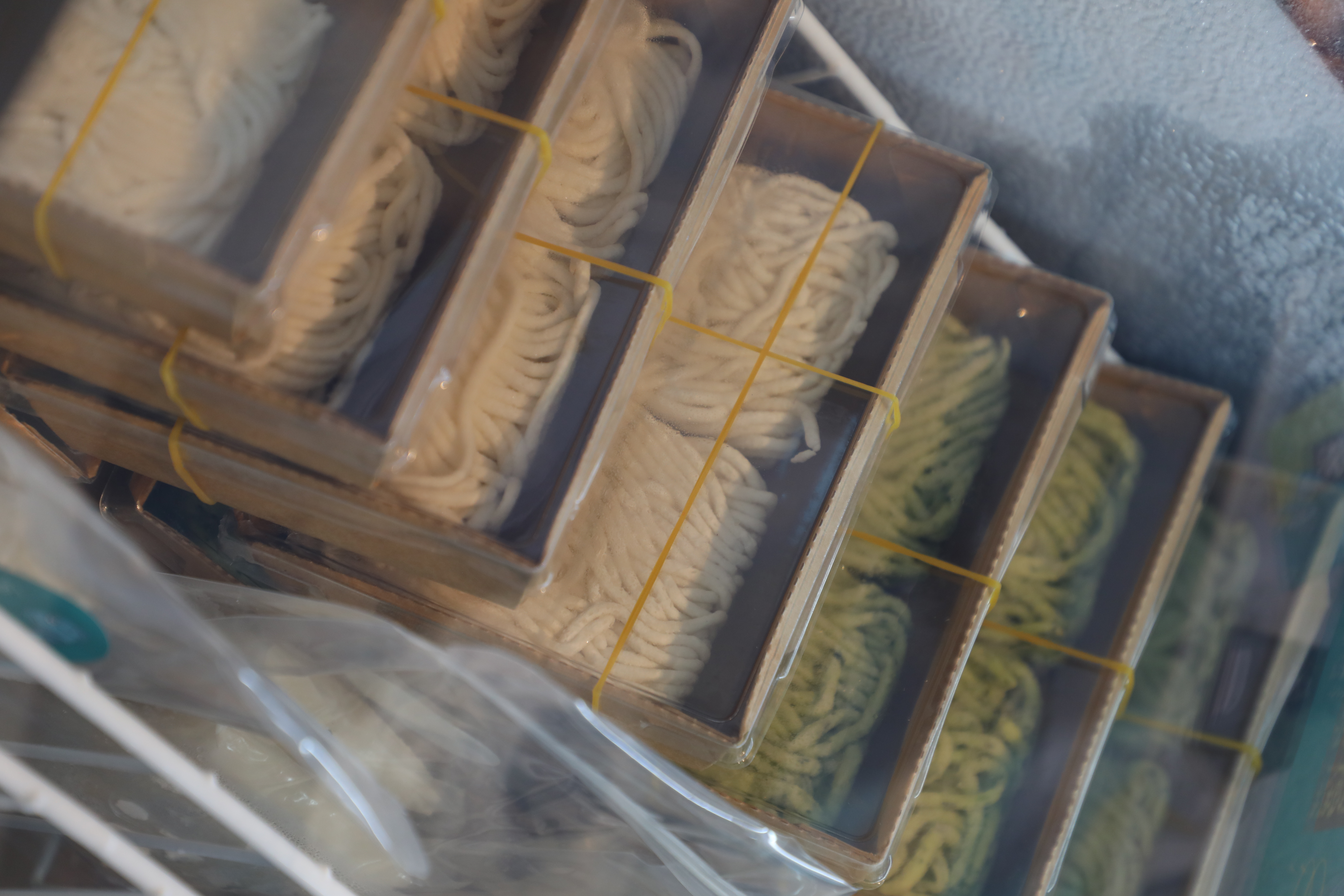 冷凍櫃裡有魚麵、魚肉燒賣等半成品，可以買回家自己烹調。